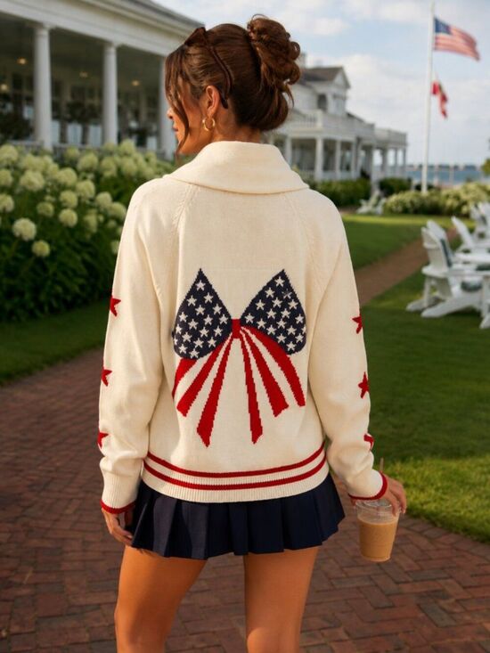 Hem & Thread Sweaters - Americana Bow Cream knit Shawl cardigan star red accents Cozy Coastal Preppy L